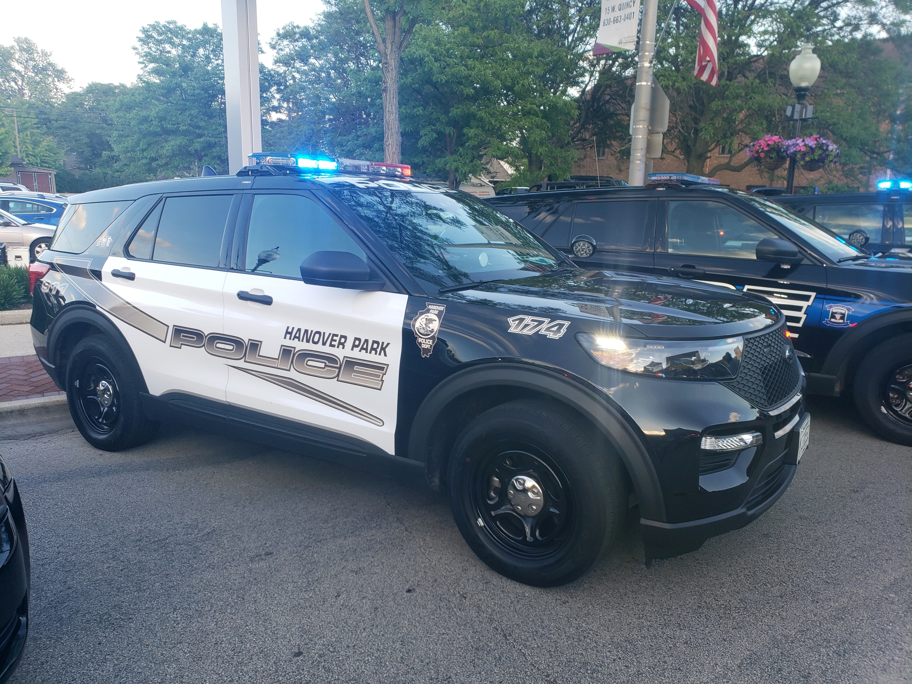 A parked police car.